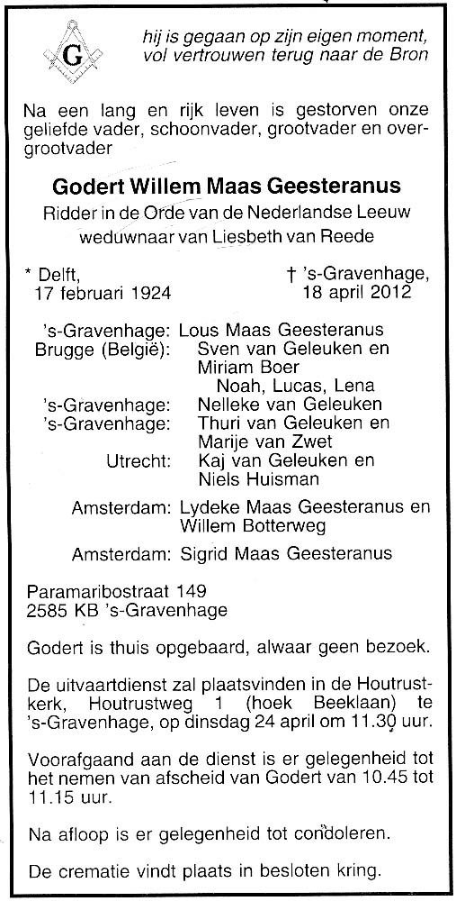 Overlijdensbericht G.W. (Godert) MG (1924-2012)